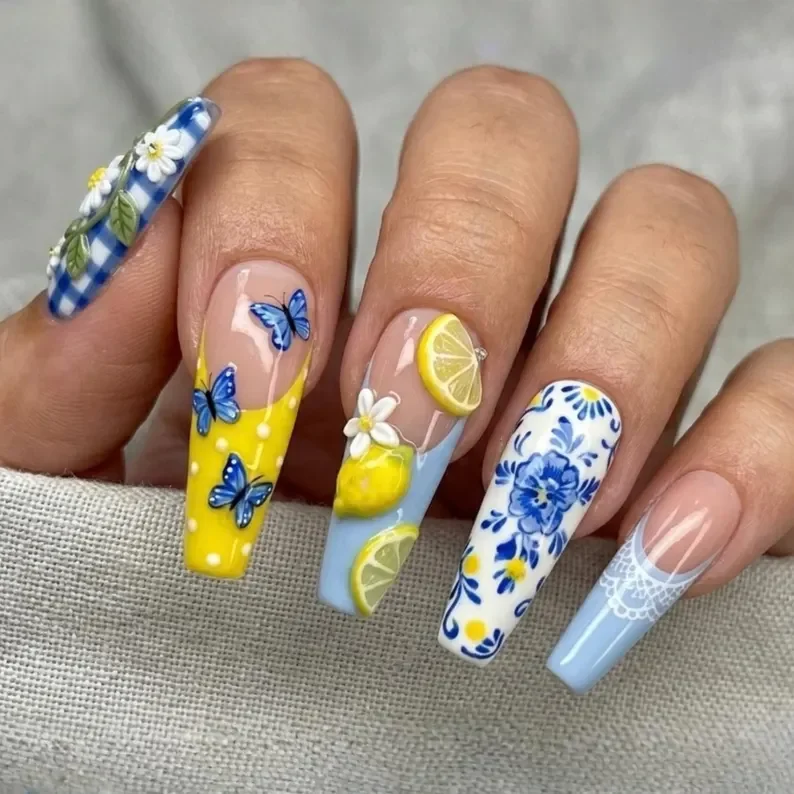 Amalfi Coast style, 3D lemon nail art, press on nails, custom press on nails, fake nails, Nails Art, stained glass nails, gold press on nails, 3d press on nails, luxury press on nails, handmade press on nails