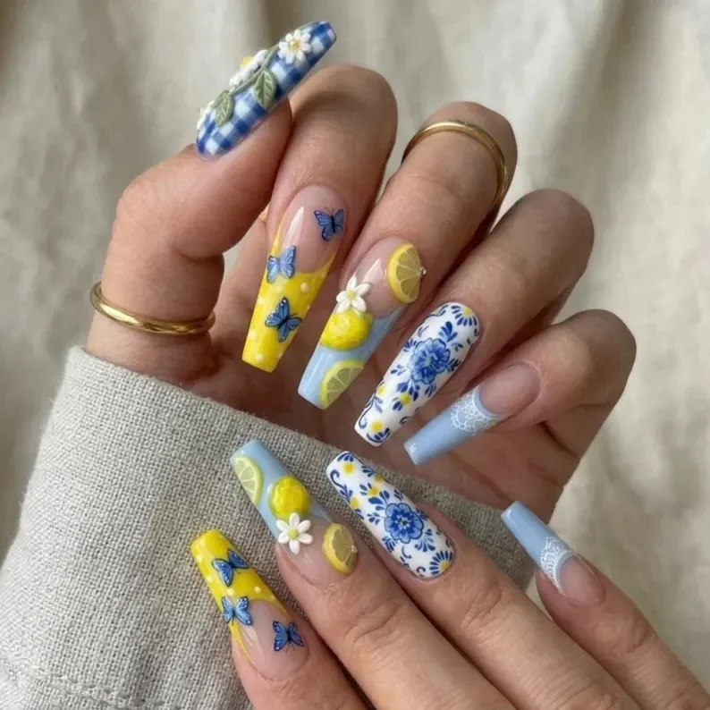 lemon daisy nails, summer nail design, press on nails, custom press on nails, fake nails, Nails Art, stained glass nails, gold press on nails, 3d press on nails, luxury press on nails, handmade press on nails