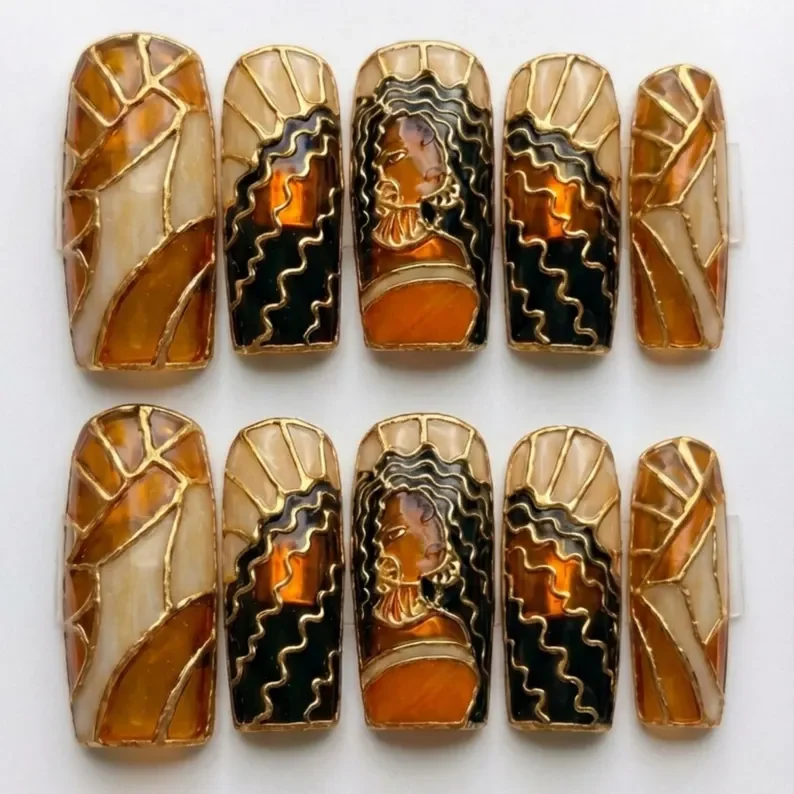 melanin goddess, hand-painted press on, press on nails, custom press on nails, fake nails, Nails Art, stained glass nails, gold press on nails, 3d press on nails, luxury press on nails, handmade press on nails
