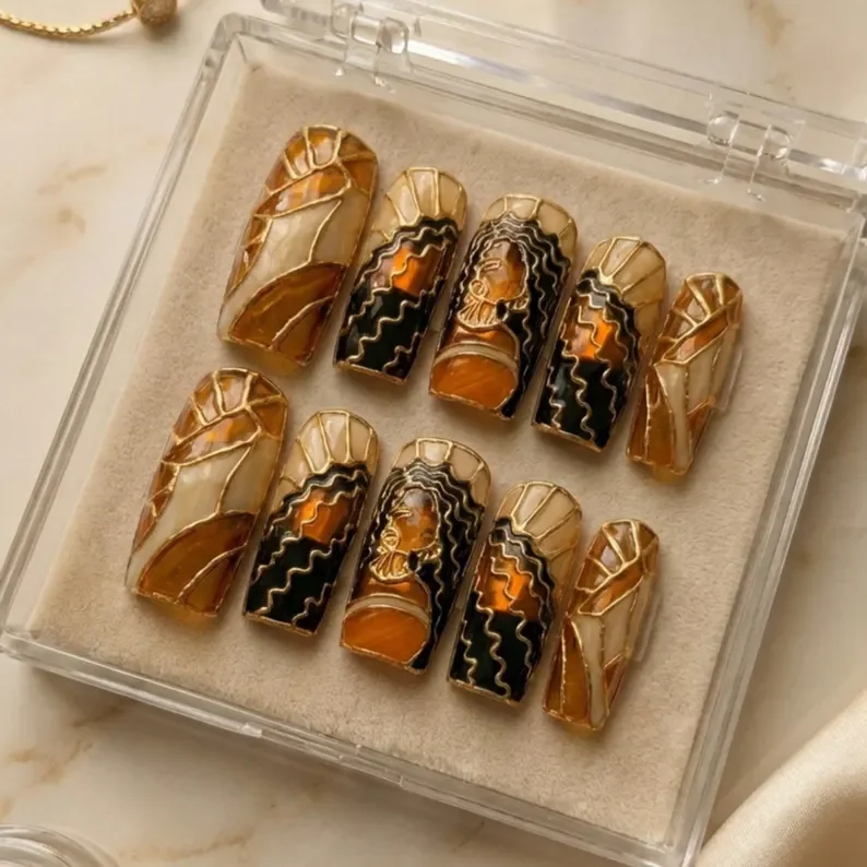melanin goddess, hand-painted press on, press on nails, custom press on nails, fake nails, Nails Art, stained glass nails, gold press on nails, 3d press on nails, luxury press on nails, handmade press on nails