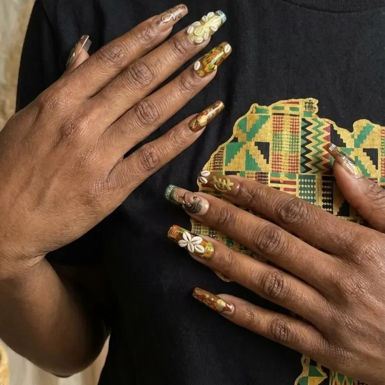 BlackQueen nails, 3D afrocentric art, press on nails, custom press on nails, fake nails, Nails Art, stained glass nails, gold press on nails, 3d press on nails, luxury press on nails, handmade press on nails