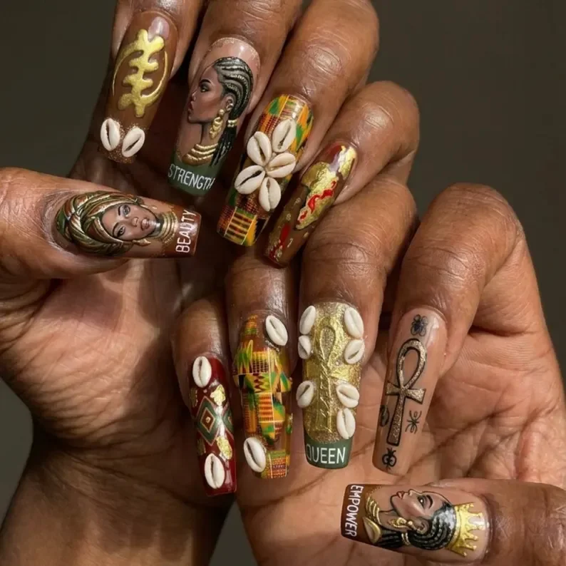Black History Month, cowrie shell nails, press on nails, custom press on nails, fake nails, Nails Art, stained glass nails, gold press on nails, 3d press on nails, luxury press on nails, handmade press on nails