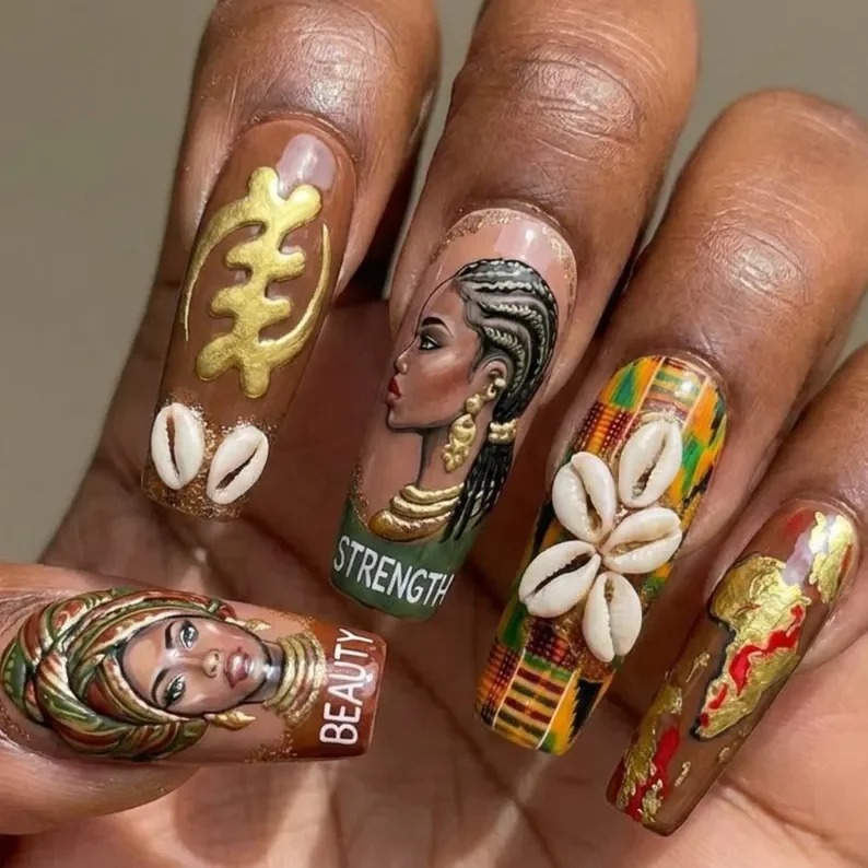 Afrocentric design, luxury press ons, press on nails, custom press on nails, fake nails, Nails Art, stained glass nails, gold press on nails, 3d press on nails, luxury press on nails, handmade press on nails