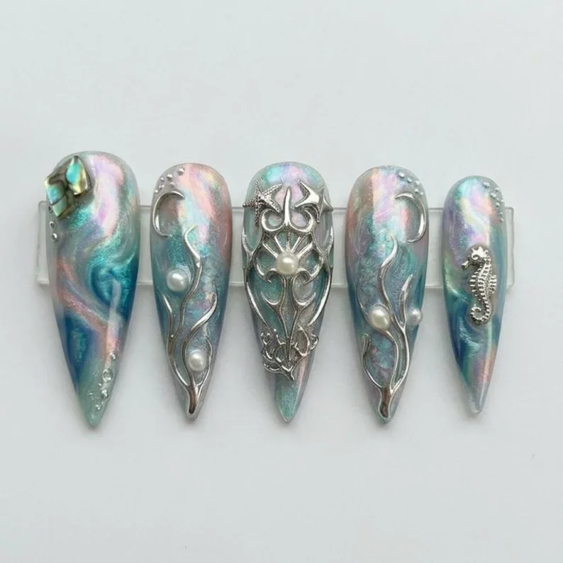 pearl nail art, ocean fantasy nails, press on nails, custom press on nails, fake nails, Nails Art, stained glass nails, gold press on nails, 3d press on nails, luxury press on nails, handmade press on nails