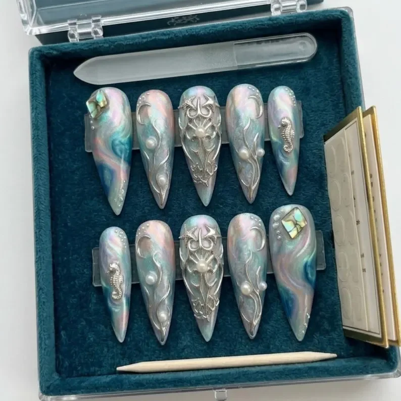 ethereal mermaid nails, chrome stiletto nails, press on nails, custom press on nails, fake nails, Nails Art, stained glass nails, gold press on nails, 3d press on nails, luxury press on nails, handmade press on nails