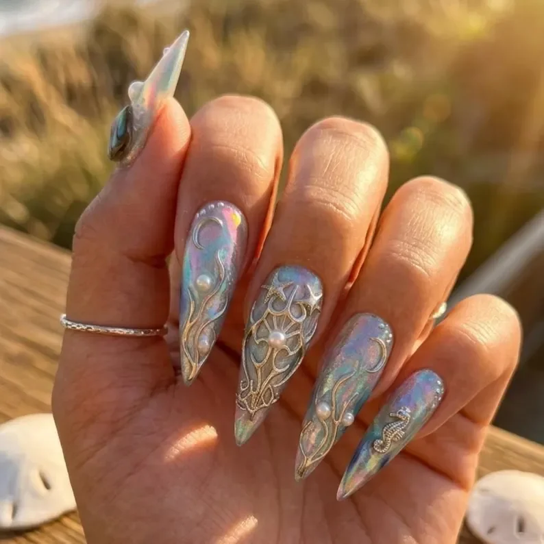 mermaid press on nails, iridescent seahorse, press on nails, custom press on nails, fake nails, Nails Art, stained glass nails, gold press on nails, 3d press on nails, luxury press on nails, handmade press on nails