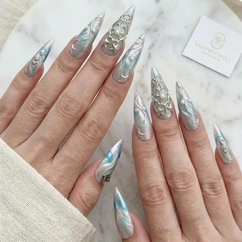 pearl nail art, ocean fantasy nails, press on nails, custom press on nails, fake nails, Nails Art, stained glass nails, gold press on nails, 3d press on nails, luxury press on nails, handmade press on nails