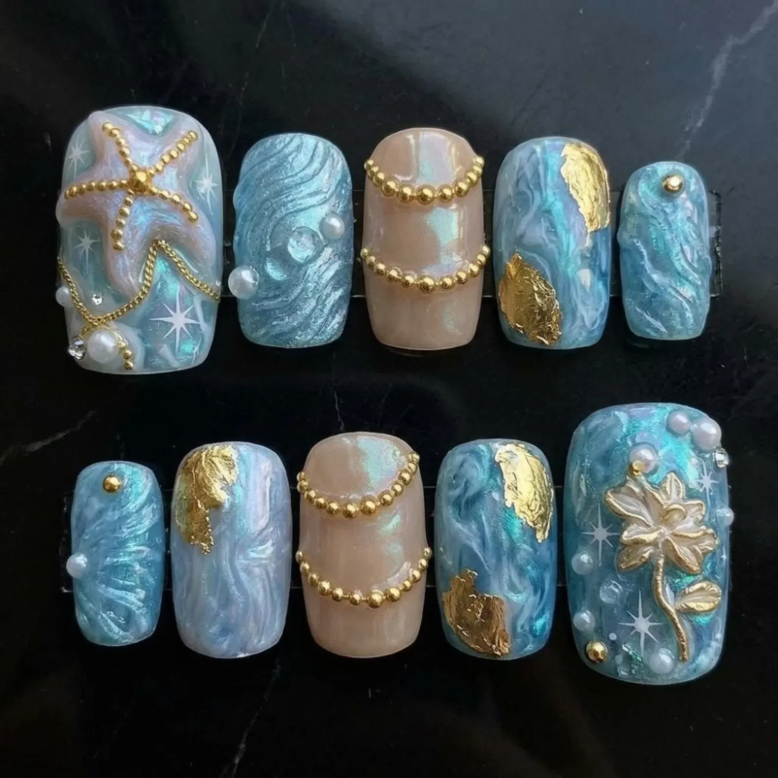 mermaidcore press on, press on toes, press on nails, custom press on nails, fake nails, Nails Art, stained glass nails, gold press on nails, 3d press on nails, luxury press on nails, handmade press on nails