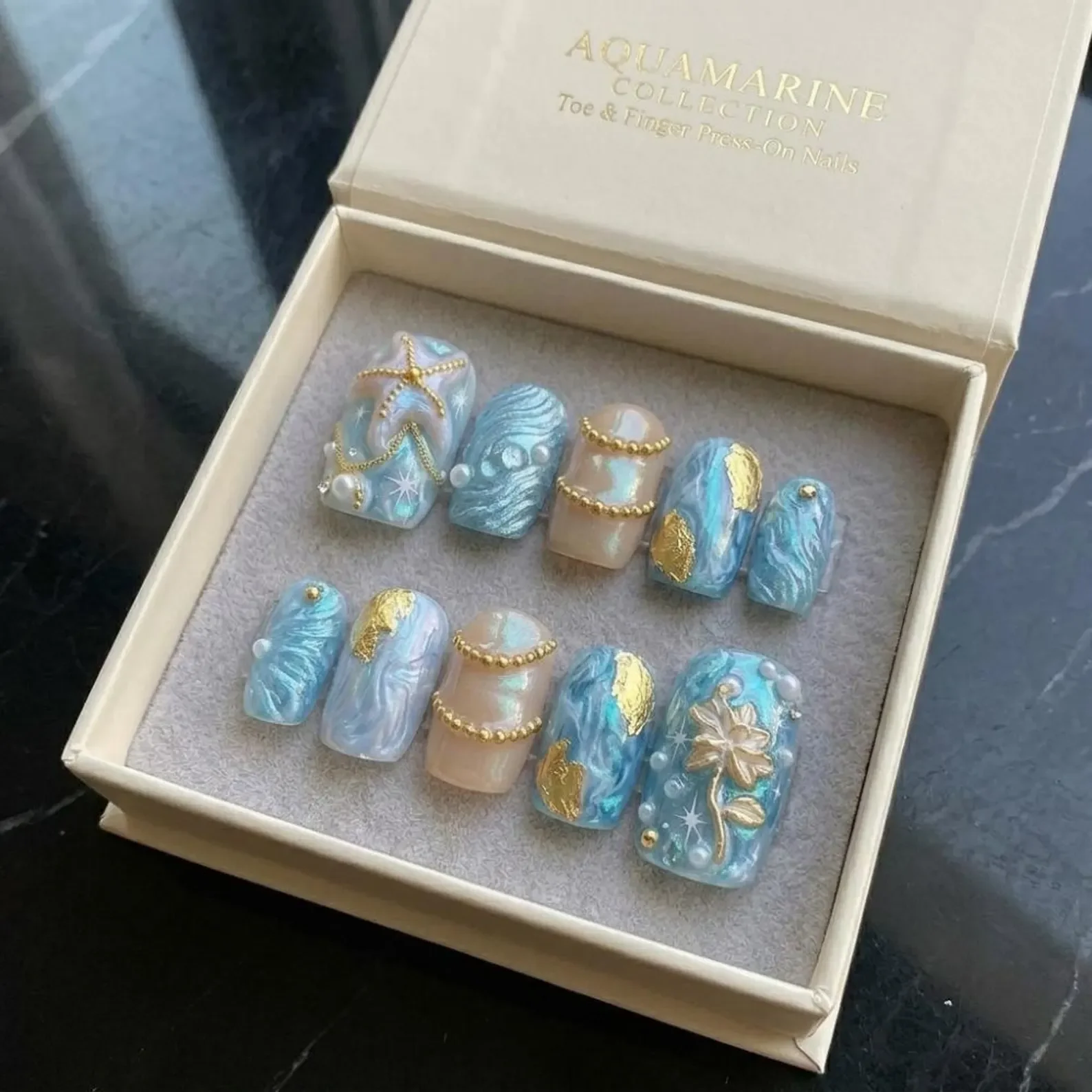ocean beach pedicure, luxury beach nails, press on nails, custom press on nails, fake nails, Nails Art, stained glass nails, gold press on nails, 3d press on nails, luxury press on nails, handmade press on nails