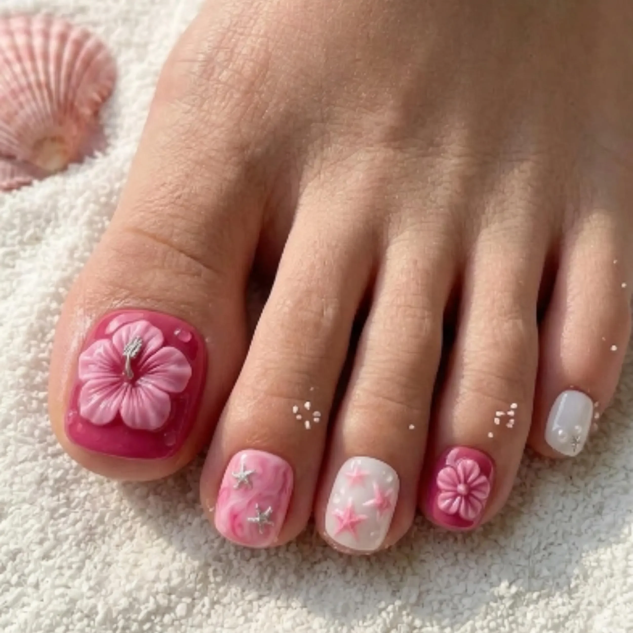 mermaidcore summer, pink hibiscus, press on nails, custom press on nails, fake nails, Nails Art, stained glass nails, gold press on nails, 3d press on nails, luxury press on nails, handmade press on nails