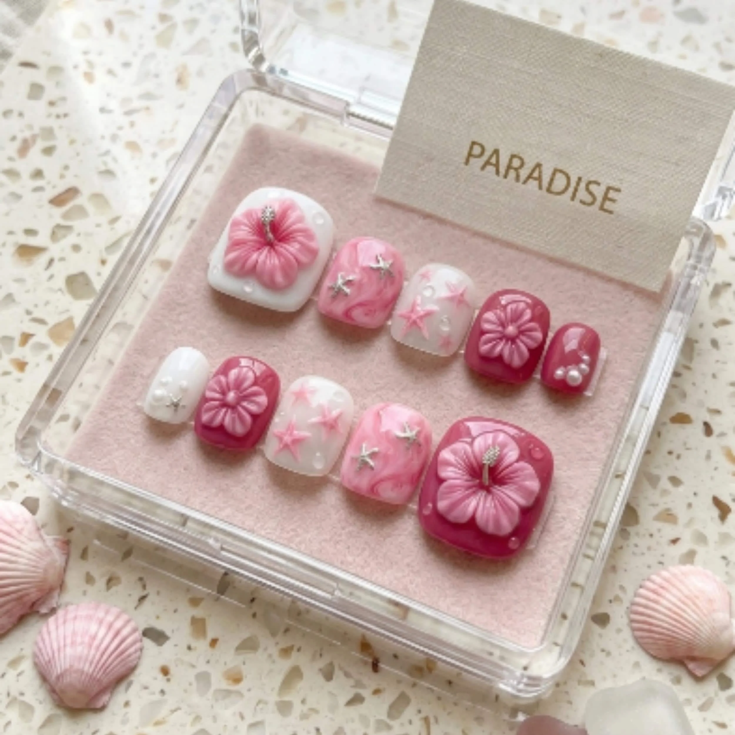 mermaidcore summer, pink hibiscus, press on nails, custom press on nails, fake nails, Nails Art, stained glass nails, gold press on nails, 3d press on nails, luxury press on nails, handmade press on nails