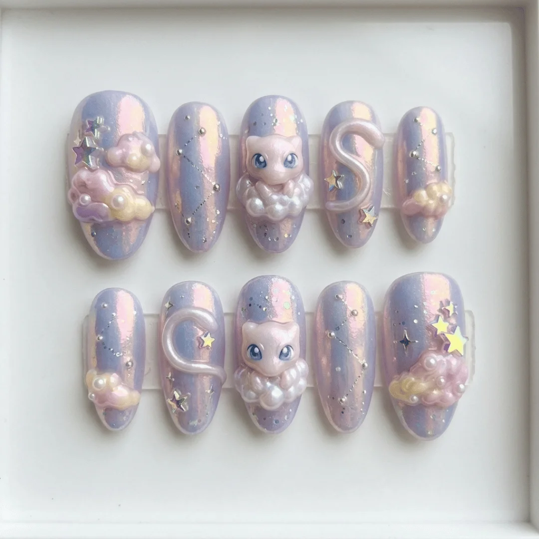 mew pokemon press on, kawaii 3d cloud, press on nails, custom press on nails, fake nails, Nails Art, stained glass nails, gold press on nails, 3d press on nails, luxury press on nails, handmade press on nails