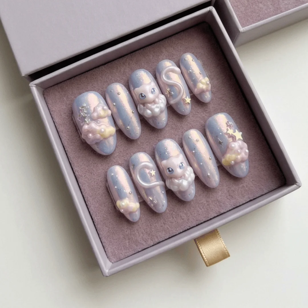 mew pokemon press on, kawaii 3d cloud, press on nails, custom press on nails, fake nails, Nails Art, stained glass nails, gold press on nails, 3d press on nails, luxury press on nails, handmade press on nails