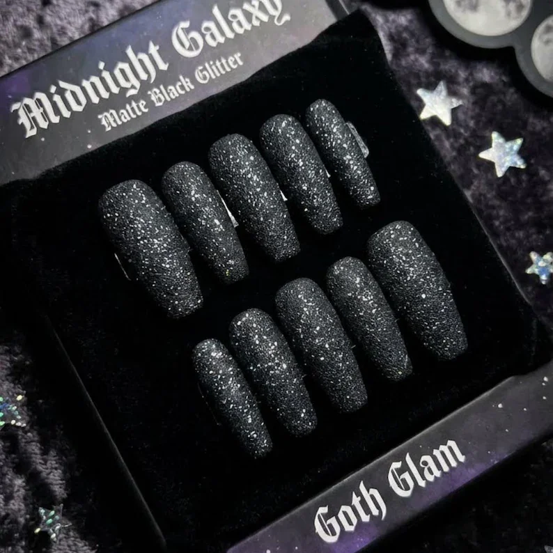 midnight galaxy press-on, matte black glitter, press on nails, custom press on nails, fake nails, Nails Art, stained glass nails, gold press on nails, 3d press on nails, luxury press on nails, handmade press on nails