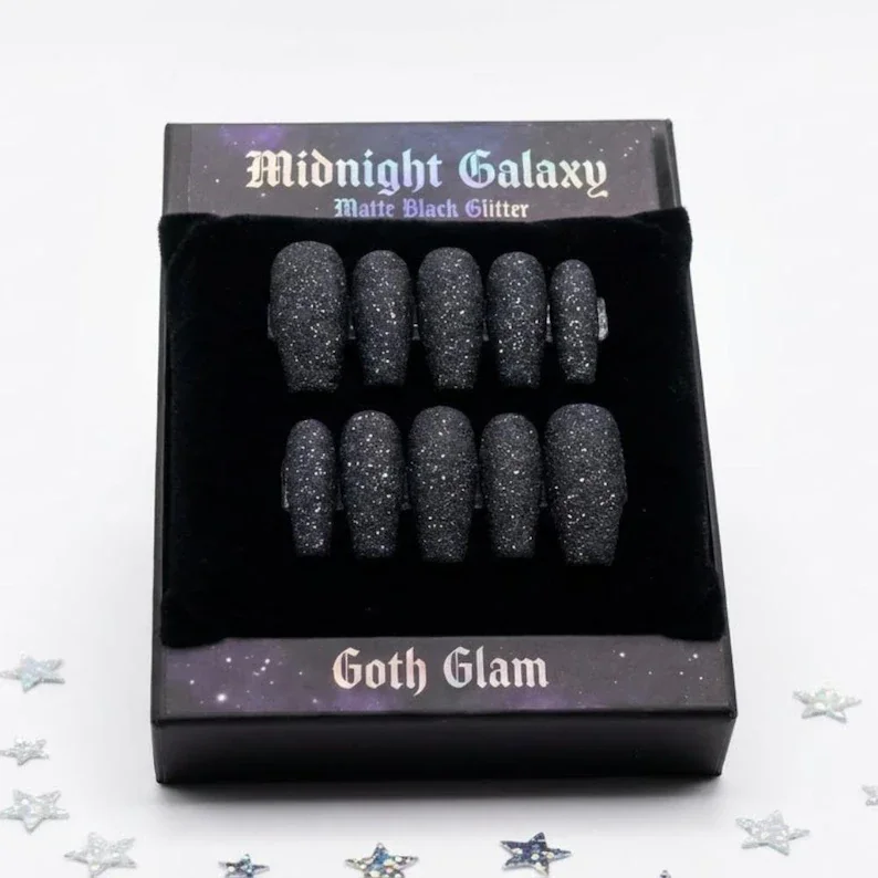 midnight galaxy press-on, matte black glitter, press on nails, custom press on nails, fake nails, Nails Art, stained glass nails, gold press on nails, 3d press on nails, luxury press on nails, handmade press on nails