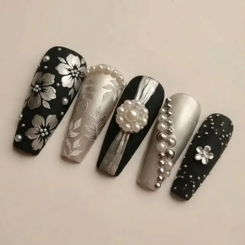 midnight pearl nails, silver 3D press-on, press on nails, custom press on nails, fake nails, Nails Art, stained glass nails, gold press on nails, 3d press on nails, luxury press on nails, handmade press on nails