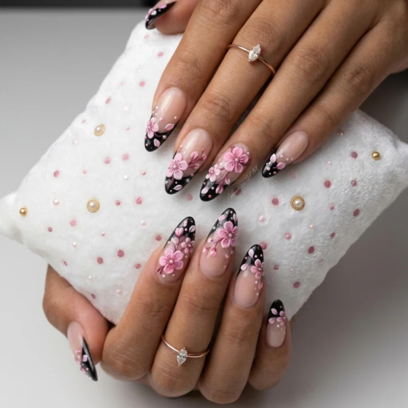 press on nails, pink cherry blossom, custom press on nails, fake nails, Nails Art, stained glass nails, gold press on nails, 3d press on nails, luxury press on nails, handmade press on nails