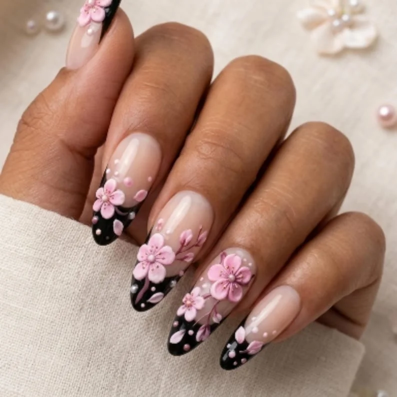 press on nails, pink cherry blossom, custom press on nails, fake nails, Nails Art, stained glass nails, gold press on nails, 3d press on nails, luxury press on nails, handmade press on nails