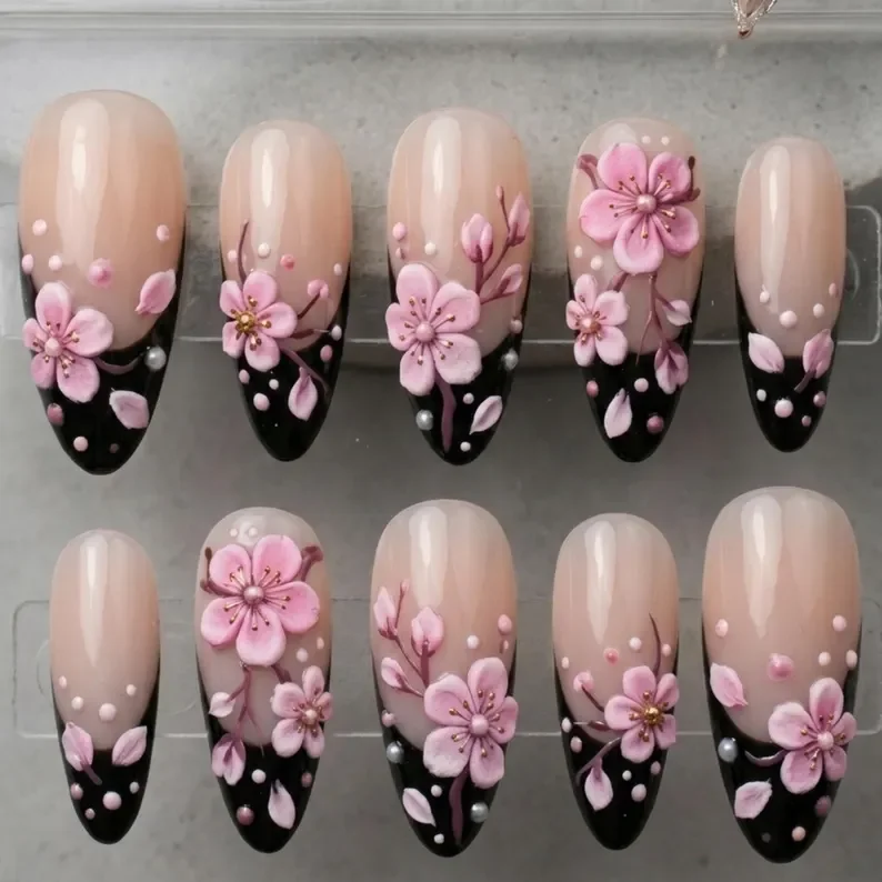 cherry blossom nails, french manicure style, press on nails, custom press on nails, fake nails, Nails Art, stained glass nails, gold press on nails, 3d press on nails, luxury press on nails, handmade press on nails