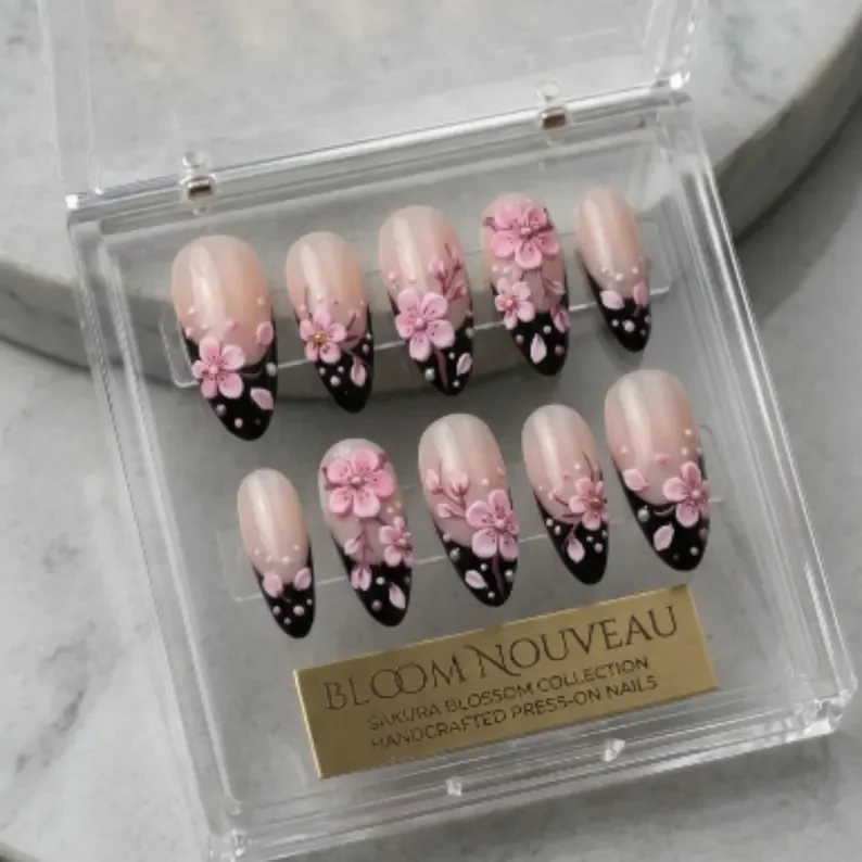 midnight sakura, 3D hand painted, press on nails, custom press on nails, fake nails, Nails Art, stained glass nails, gold press on nails, 3d press on nails, luxury press on nails, handmade press on nails