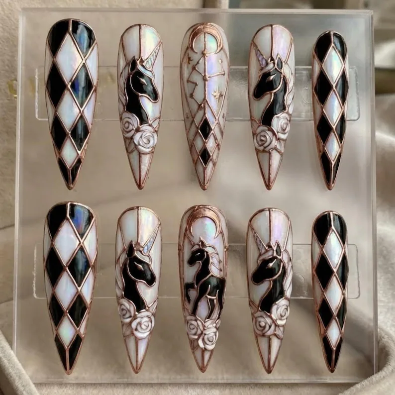 harlequin design, dark art nails, press on nails, custom press on nails, fake nails, Nails Art, stained glass nails, gold press on nails, 3d press on nails, luxury press on nails, handmade press on nails
