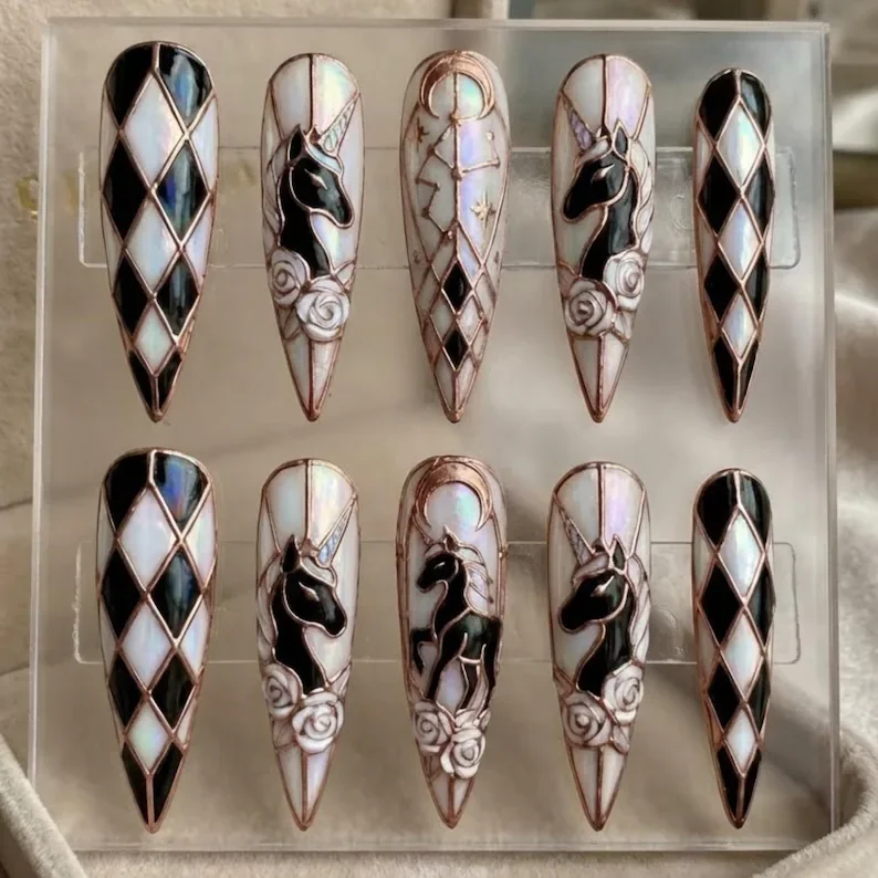 midnight unicorn, stained glass nails, press on nails, custom press on nails, fake nails, Nails Art, gold press on nails, 3d press on nails, luxury press on nails, handmade press on nails