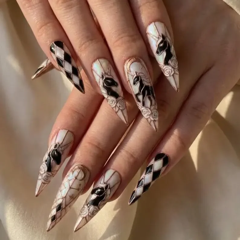 harlequin design, dark art nails, press on nails, custom press on nails, fake nails, Nails Art, stained glass nails, gold press on nails, 3d press on nails, luxury press on nails, handmade press on nails