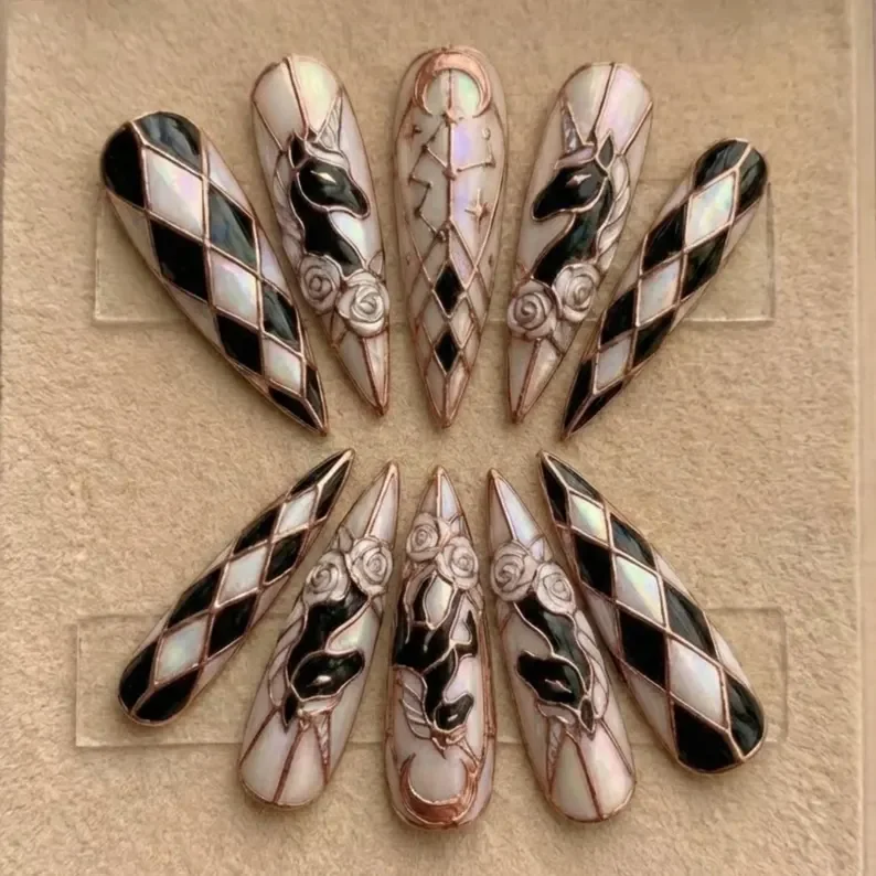 rose gold harlequin, unicorn nail set, press on nails, custom press on nails, fake nails, Nails Art, stained glass nails, gold press on nails, 3d press on nails, luxury press on nails, handmade press on nails