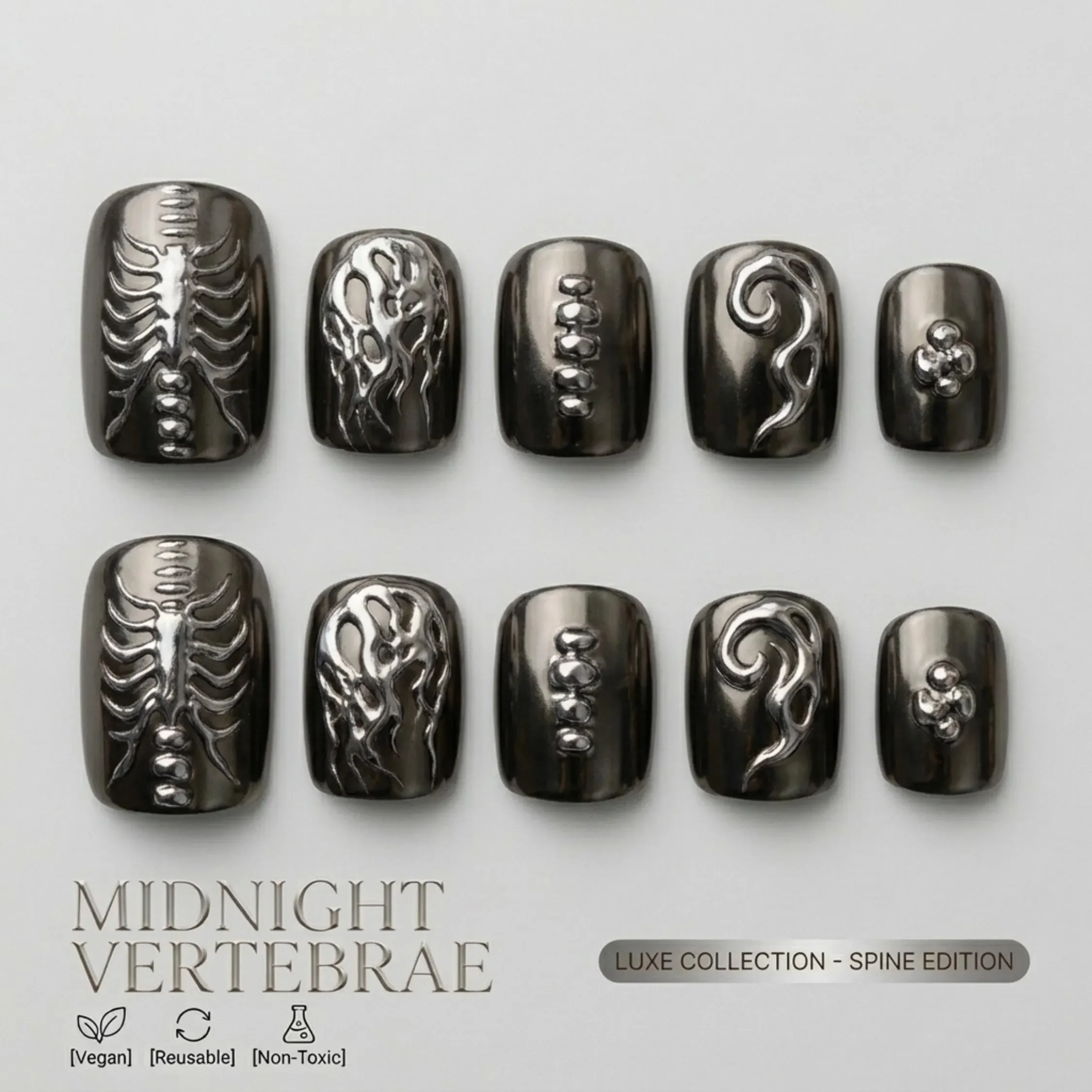 midnight vertebrae, 3D silver chrome, press on nails, custom press on nails, fake nails, Nails Art, stained glass nails, gold press on nails, 3d press on nails, luxury press on nails, handmade press on nails