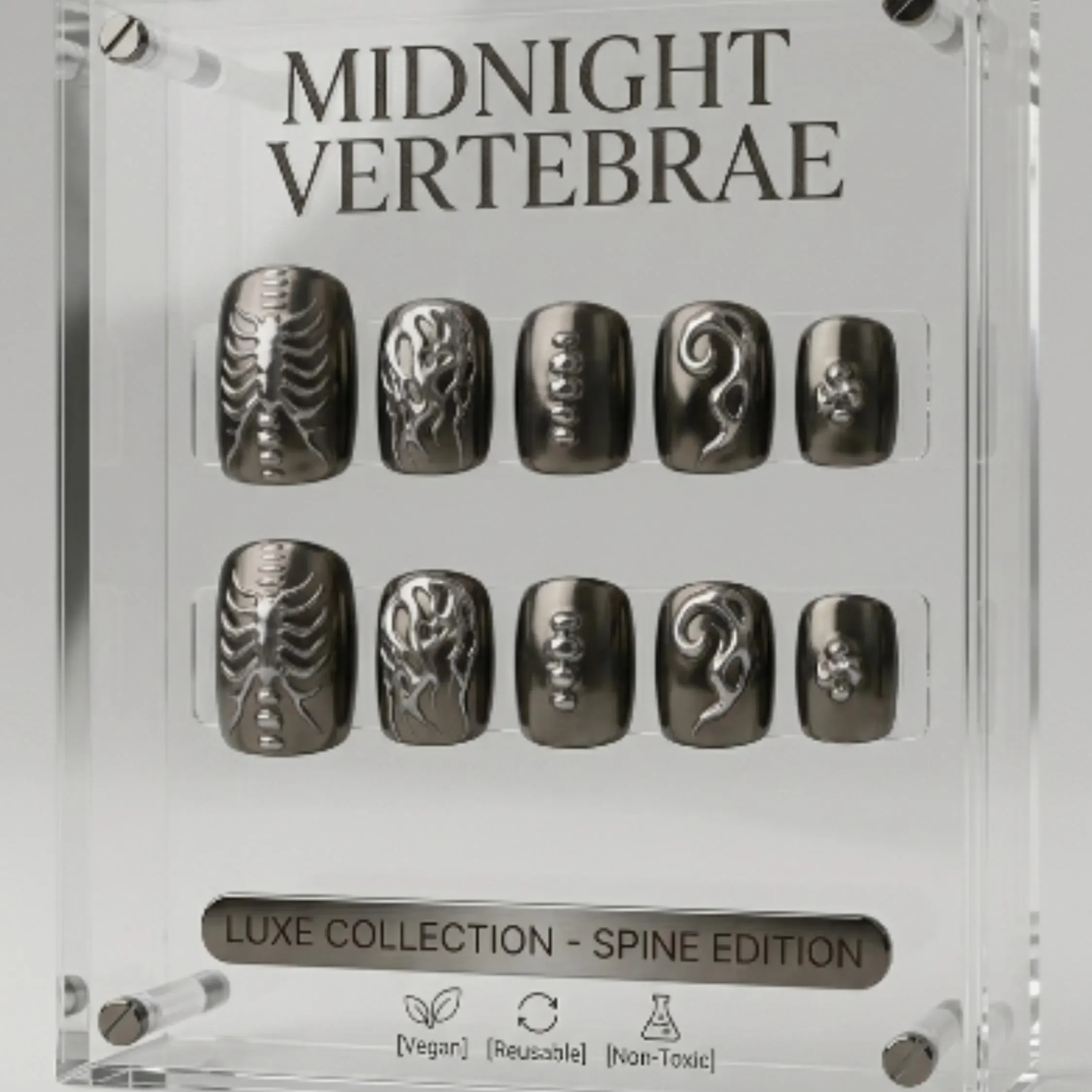 midnight vertebrae, 3D silver chrome, press on nails, custom press on nails, fake nails, Nails Art, stained glass nails, gold press on nails, 3d press on nails, luxury press on nails, handmade press on nails