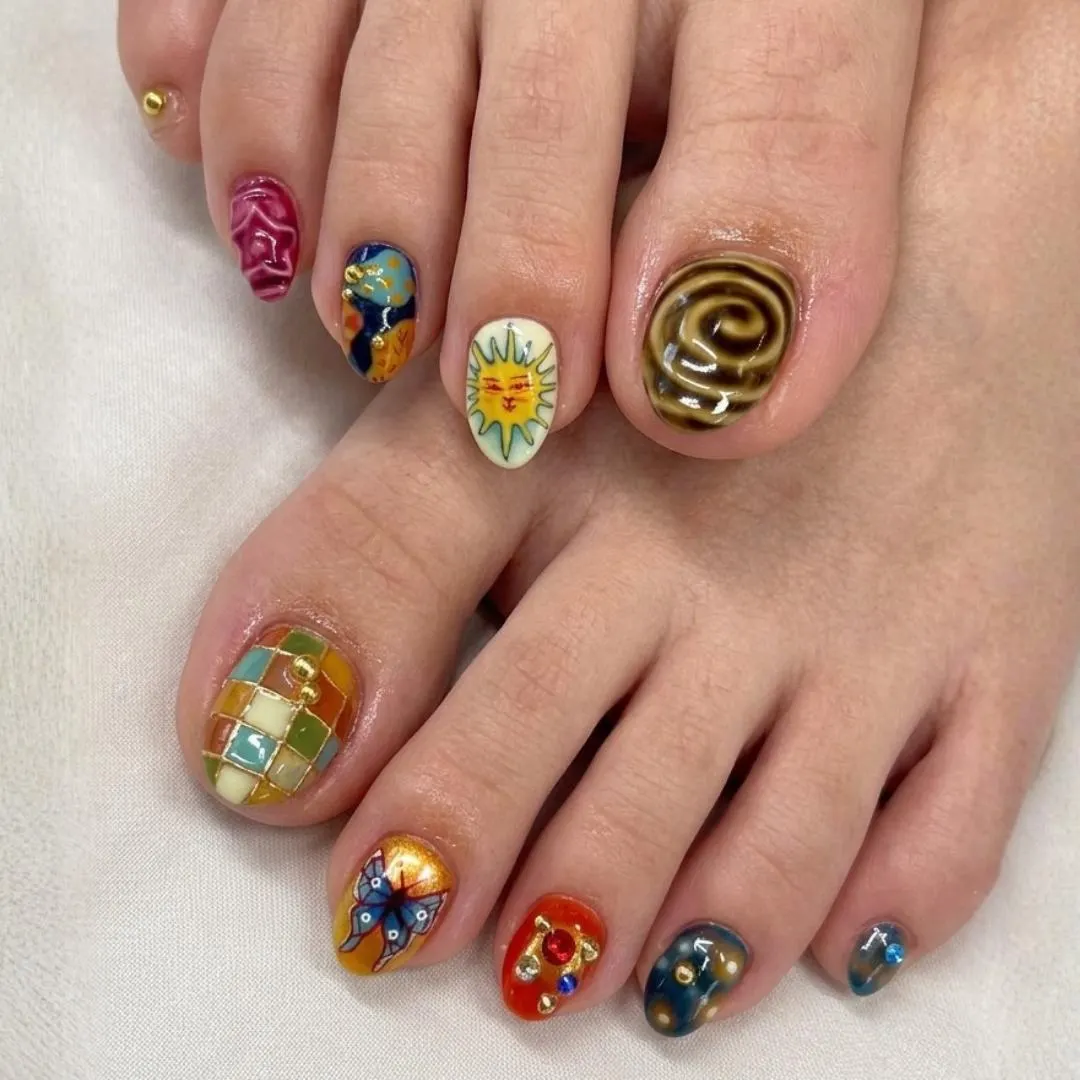 press on toes, mismatched toes, press on nails, custom press on nails, fake nails, Nails Art, stained glass nails, gold press on nails, 3d press on nails, luxury press on nails, handmade press on nails