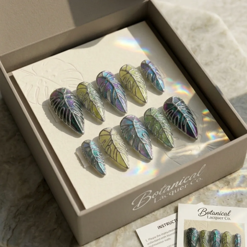iridescent botanical, botanical leaf nails, press on nails, custom press on nails, fake nails, Nails Art, stained glass nails, gold press on nails, 3d press on nails, luxury press on nails, handmade press on nails