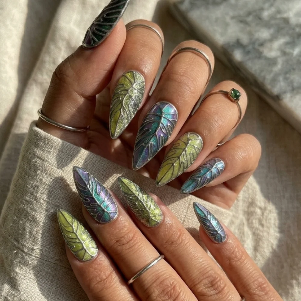 silver chrome nails, plant lover gift, press on nails, custom press on nails, fake nails, Nails Art, stained glass nails, gold press on nails, 3d press on nails, luxury press on nails, handmade press on nails