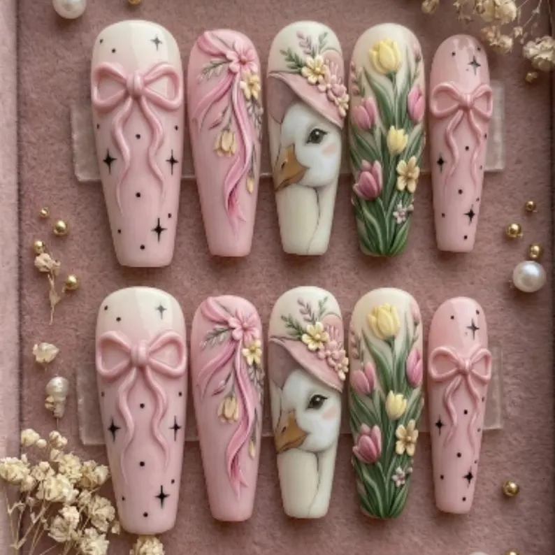 Mother Goose Day, 3D press on nails, press on nails, custom press on nails, fake nails, Nails Art, stained glass nails, gold press on nails, 3d press on nails, luxury press on nails, handmade press on nails
