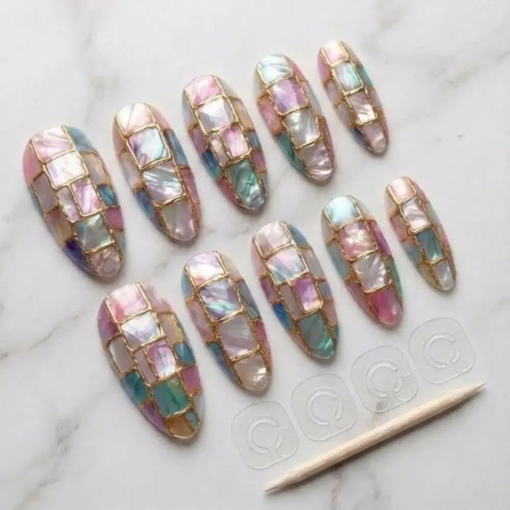 mother of pearl, stained glass, press on nails, custom press on nails, fake nails, Nails Art, stained glass nails, gold press on nails, 3d press on nails, luxury press on nails, handmade press on nails