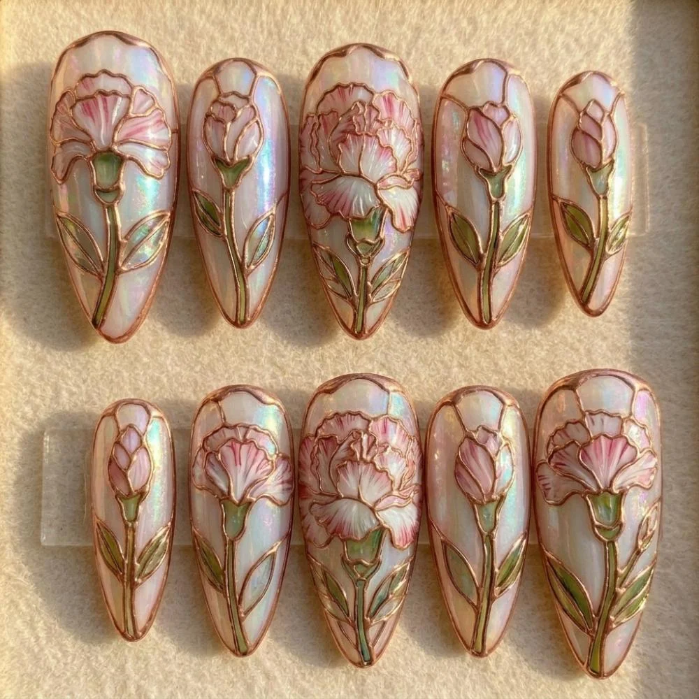 Mother's Day Gift, Pink Carnation, press on nails, custom press on nails, fake nails, Nails Art, stained glass nails, gold press on nails, 3d press on nails, luxury press on nails, handmade press on nails