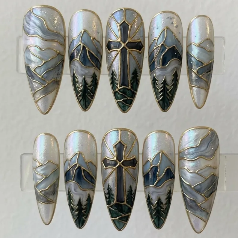 mountain forest, cross nail art, press on nails, custom press on nails, fake nails, Nails Art, stained glass nails, gold press on nails, 3d press on nails, luxury press on nails, handmade press on nails