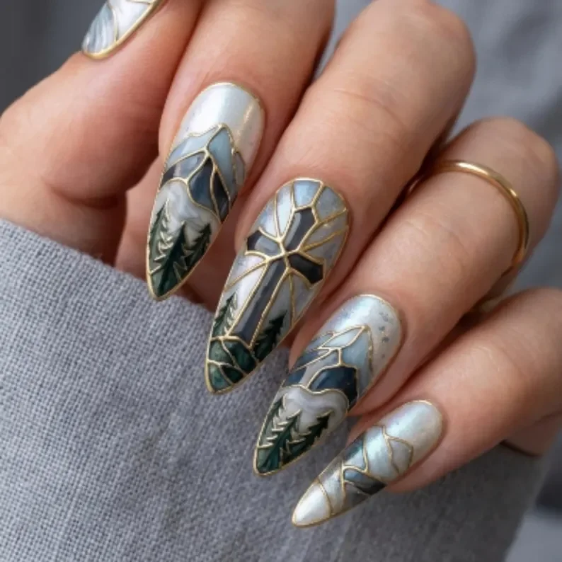 cross nail art, christian nails, press on nails, custom press on nails, fake nails, Nails Art, stained glass nails, gold press on nails, 3d press on nails, luxury press on nails, handmade press on nails