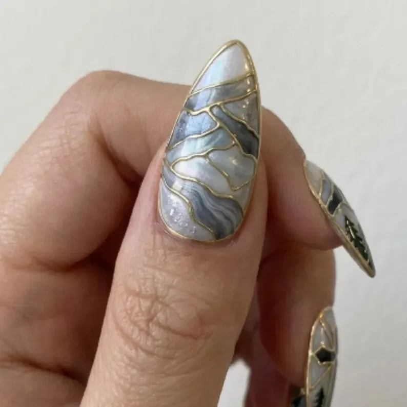 stained glass, pine tree nails, press on nails, custom press on nails, fake nails, Nails Art, stained glass nails, gold press on nails, 3d press on nails, luxury press on nails, handmade press on nails