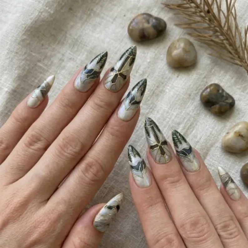 forest nail design, pine tree art, press on nails, custom press on nails, fake nails, Nails Art, stained glass nails, gold press on nails, 3d press on nails, luxury press on nails, handmade press on nails