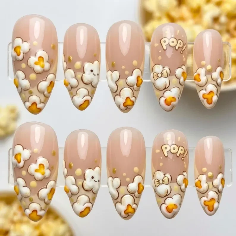movie night popcorn, hand-painted french tip, press on nails, custom press on nails, fake nails, Nails Art, stained glass nails, gold press on nails, 3d press on nails, luxury press on nails, handmade press on nails