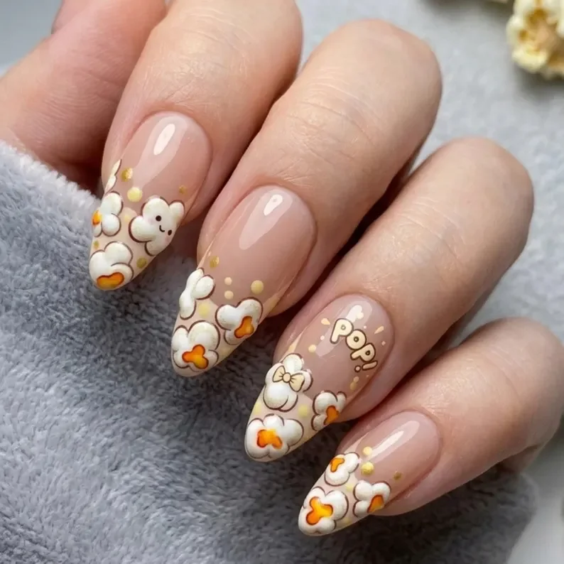 press on nails, kawaii popcorn, custom press on nails, fake nails, Nails Art, stained glass nails, gold press on nails, 3d press on nails, luxury press on nails, handmade press on nails