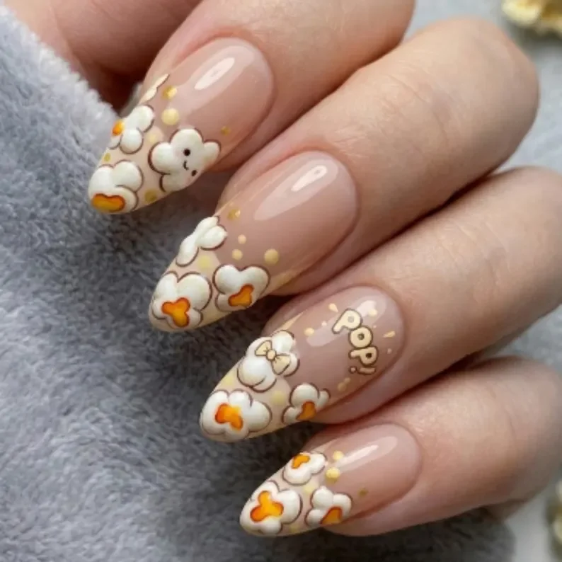 artisan nail set, buttered popcorn, press on nails, custom press on nails, fake nails, Nails Art, stained glass nails, gold press on nails, 3d press on nails, luxury press on nails, handmade press on nails