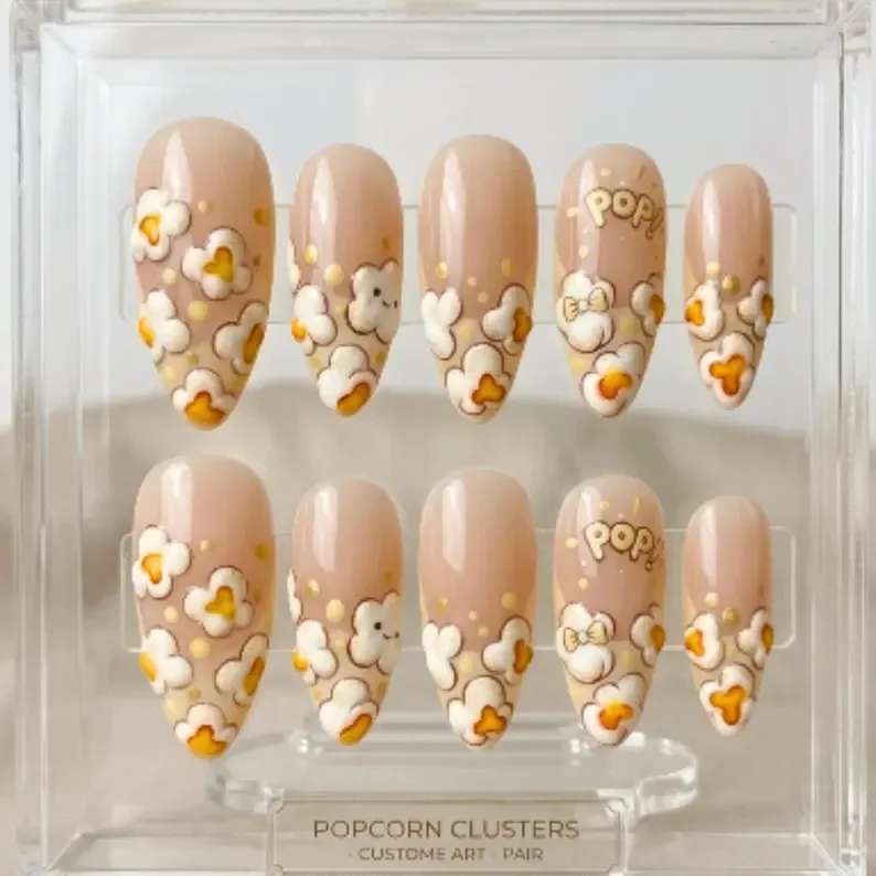 movie night popcorn, hand-painted french tip, press on nails, custom press on nails, fake nails, Nails Art, stained glass nails, gold press on nails, 3d press on nails, luxury press on nails, handmade press on nails