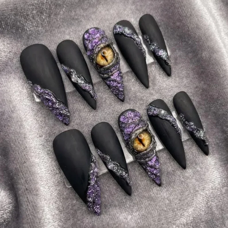 mystic dragon eye, press-on nails, press on nails, custom press on nails, fake nails, Nails Art, stained glass nails, gold press on nails, 3d press on nails, luxury press on nails, handmade press on nails