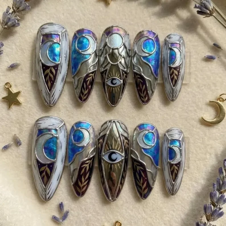 mystic moon nails, evil eye nails, press on nails, custom press on nails, fake nails, Nails Art, stained glass nails, gold press on nails, 3d press on nails, luxury press on nails, handmade press on nails