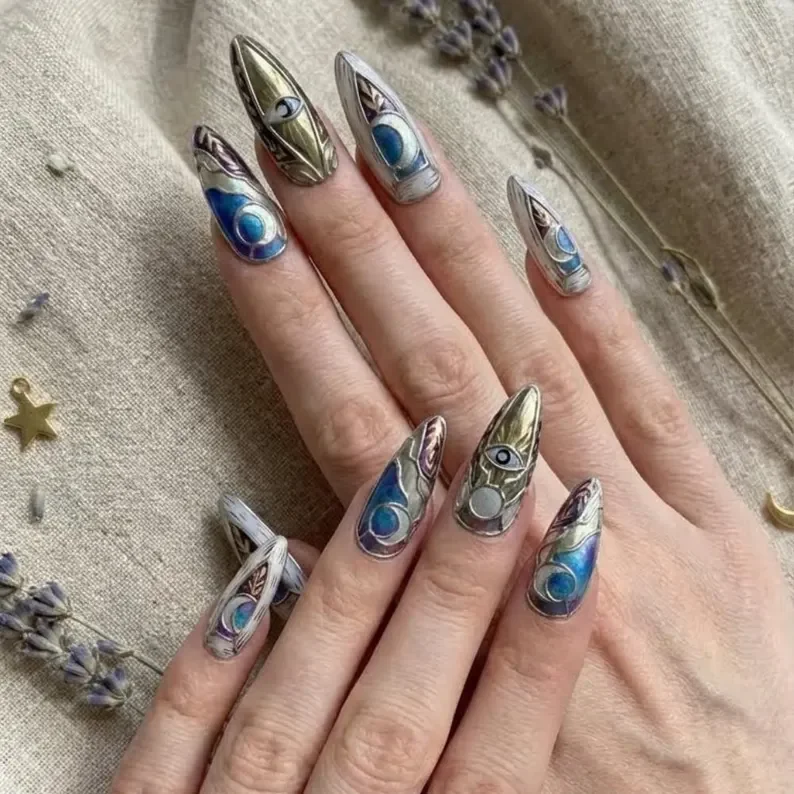 luxury 3D nails, midnight cathedral, press on nails, custom press on nails, fake nails, Nails Art, stained glass nails, gold press on nails, 3d press on nails, luxury press on nails, handmade press on nails