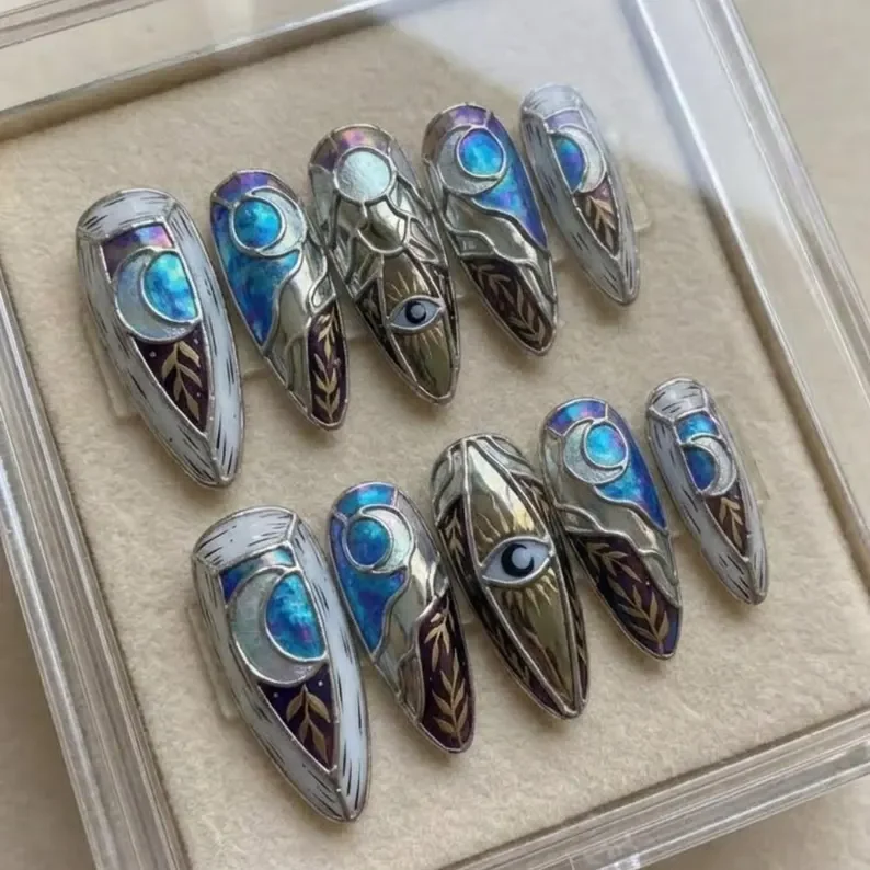 cathedral nail art, gothic nail design, press on nails, custom press on nails, fake nails, Nails Art, stained glass nails, gold press on nails, 3d press on nails, luxury press on nails, handmade press on nails