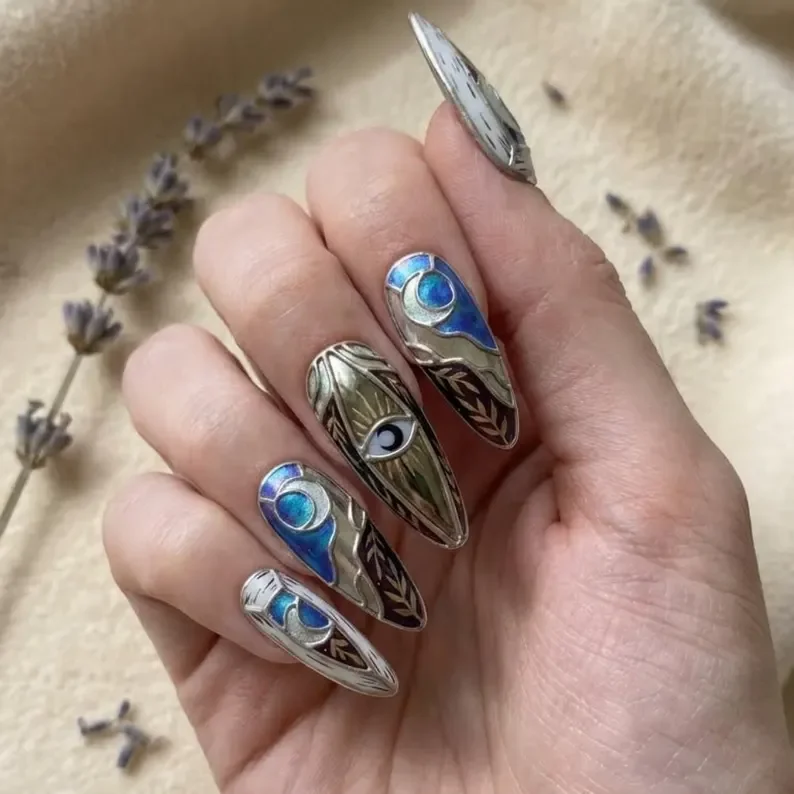 mystic moon nails, evil eye nails, press on nails, custom press on nails, fake nails, Nails Art, stained glass nails, gold press on nails, 3d press on nails, luxury press on nails, handmade press on nails