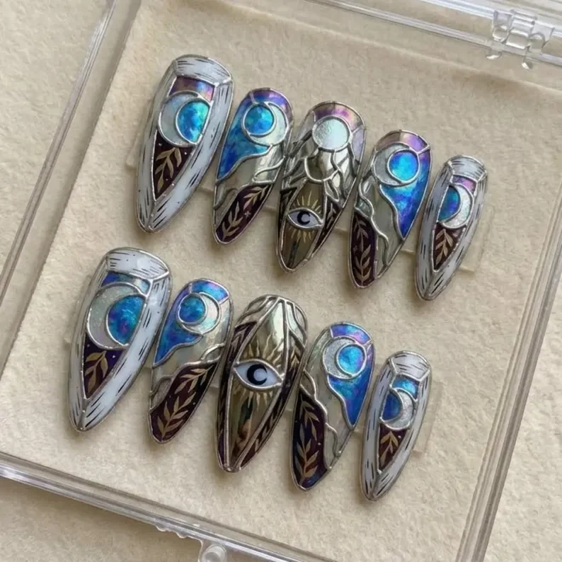 luxury 3D nails, midnight cathedral, press on nails, custom press on nails, fake nails, Nails Art, stained glass nails, gold press on nails, 3d press on nails, luxury press on nails, handmade press on nails